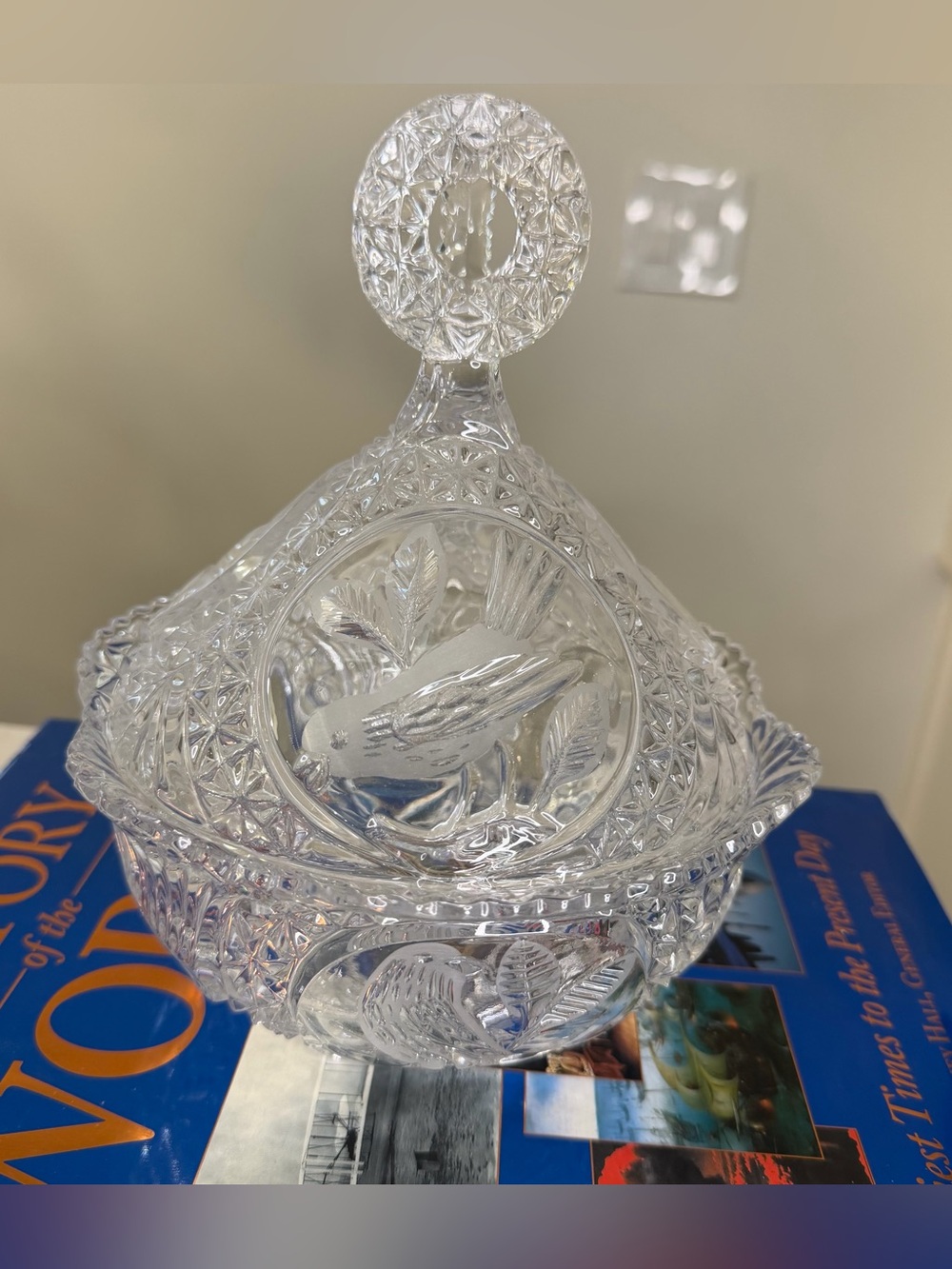 Hofbauer byrdes lead crystal Covered Candy Dish with Bird Motif - Clear